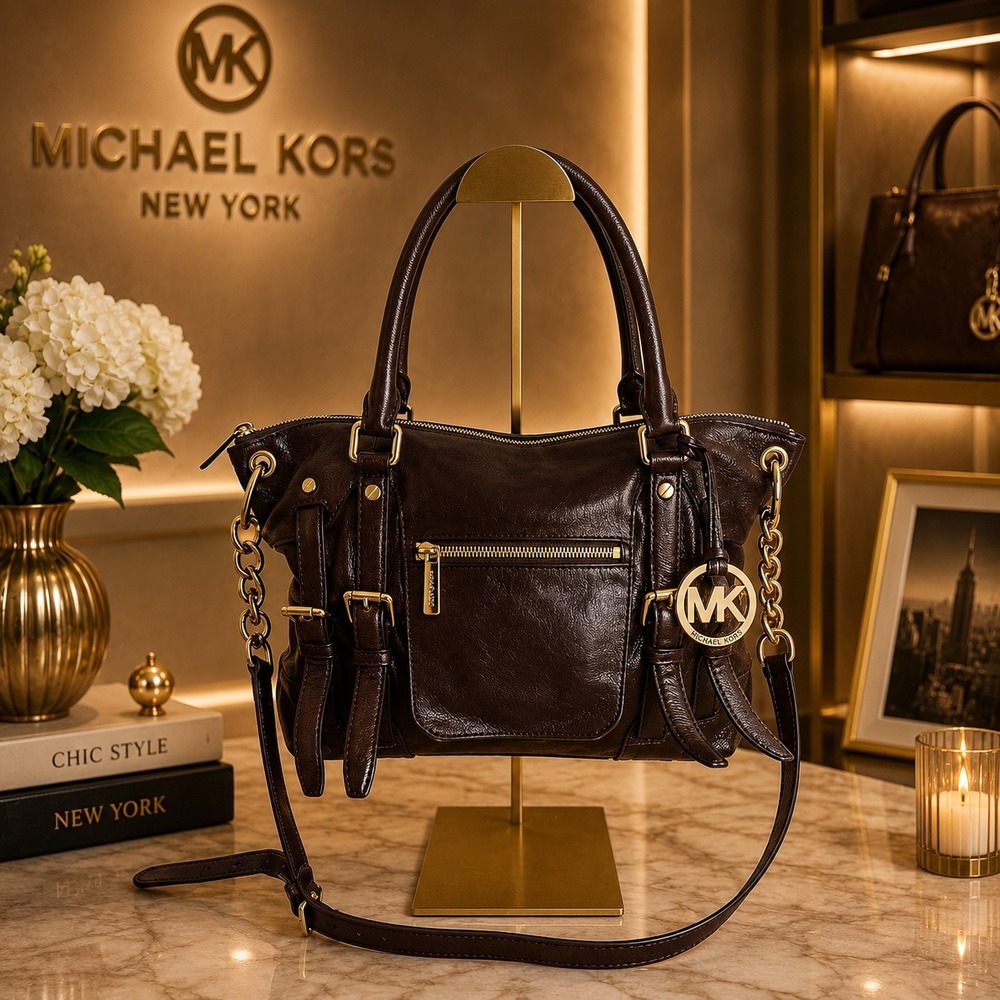 Michael Kors Y2K Pebbled Leather Satchel Dark Brown Gold Hardware Vintage